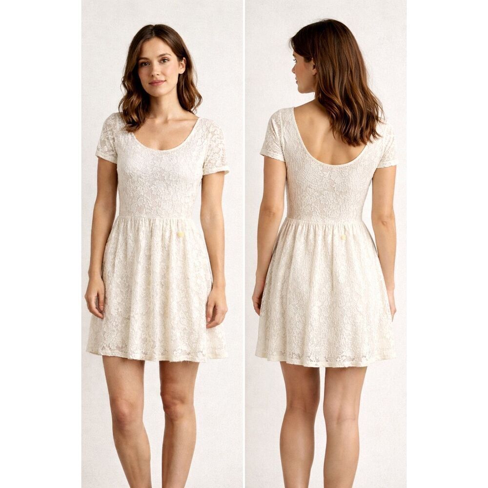 Zara Trafaluc Lace Dress Cream Short Sleeve Fit Flare Size M